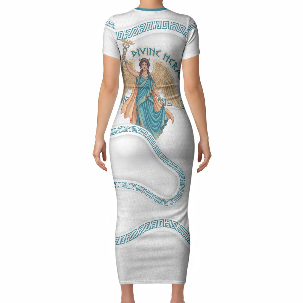 Iris Goddess Short Sleeve Bodycon Dress Winged Iris Caduceus Staff Rainbow Ribbon Greek Key