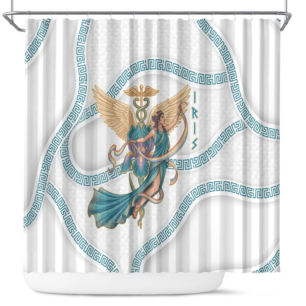Iris Goddess Shower Curtain Winged Iris Caduceus Staff Rainbow Ribbon Greek Key