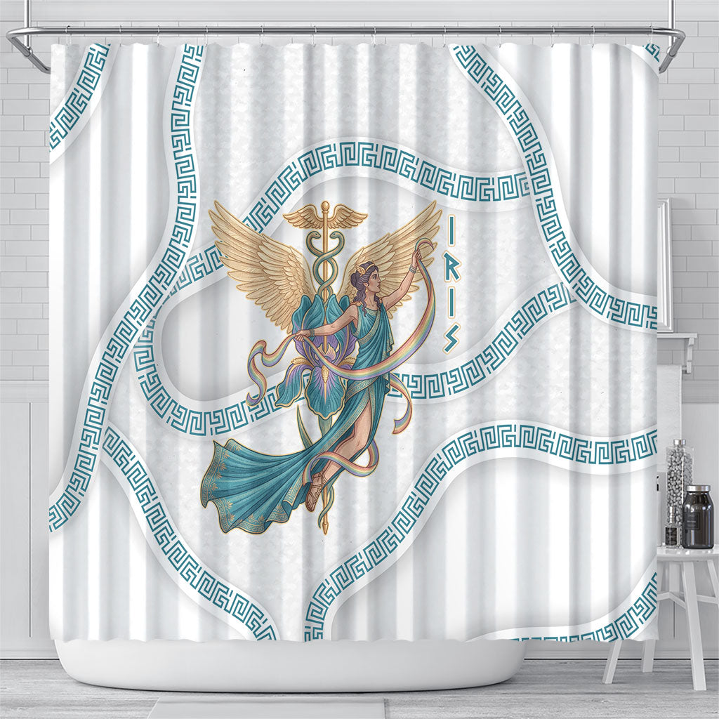 Iris Goddess Shower Curtain Winged Iris Caduceus Staff Rainbow Ribbon Greek Key