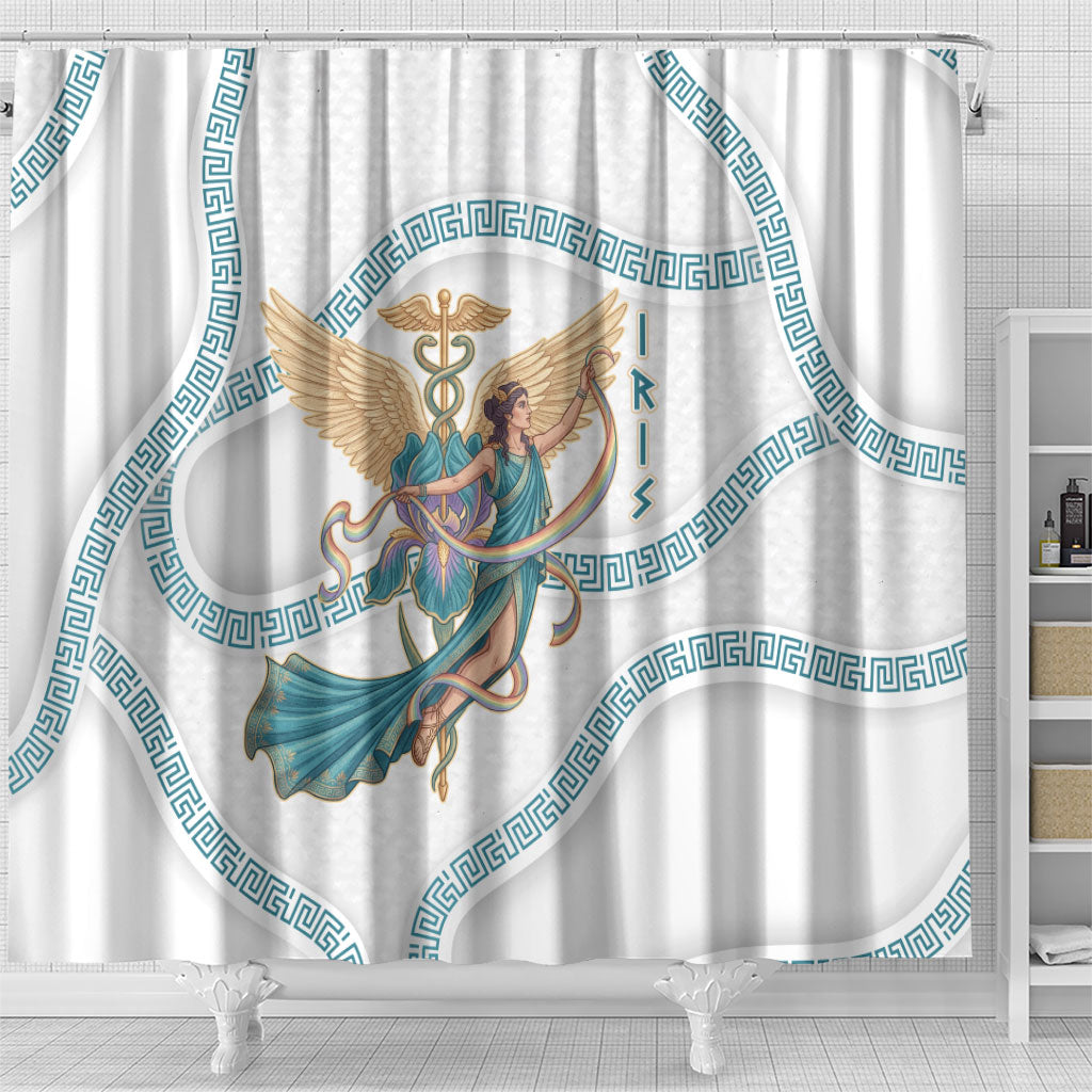 Iris Goddess Shower Curtain Winged Iris Caduceus Staff Rainbow Ribbon Greek Key