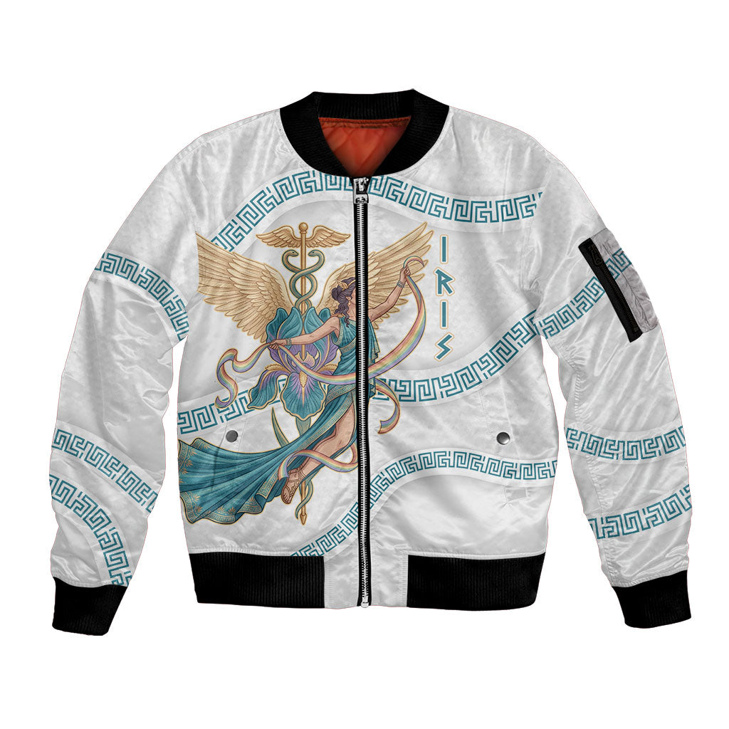 Iris Goddess Sleeve Zip Bomber Jacket Winged Iris Caduceus Staff Rainbow Ribbon Greek Key