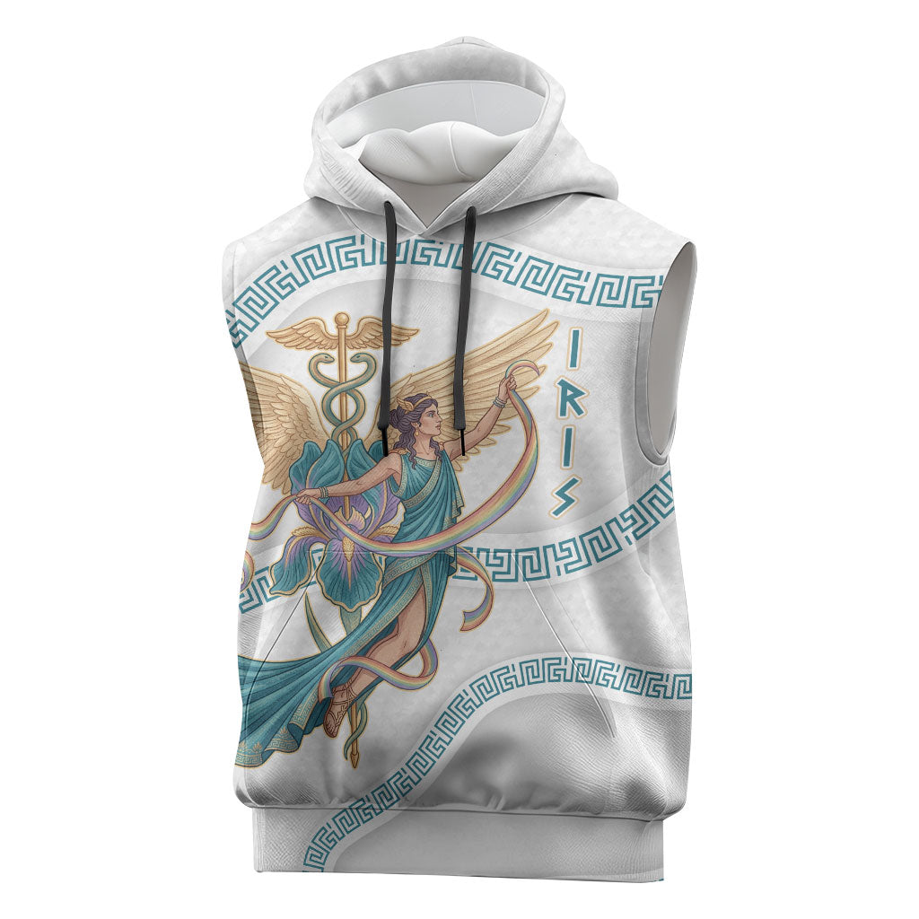 Iris Goddess Sleeveless Hoodie Winged Iris Caduceus Staff Rainbow Ribbon Greek Key