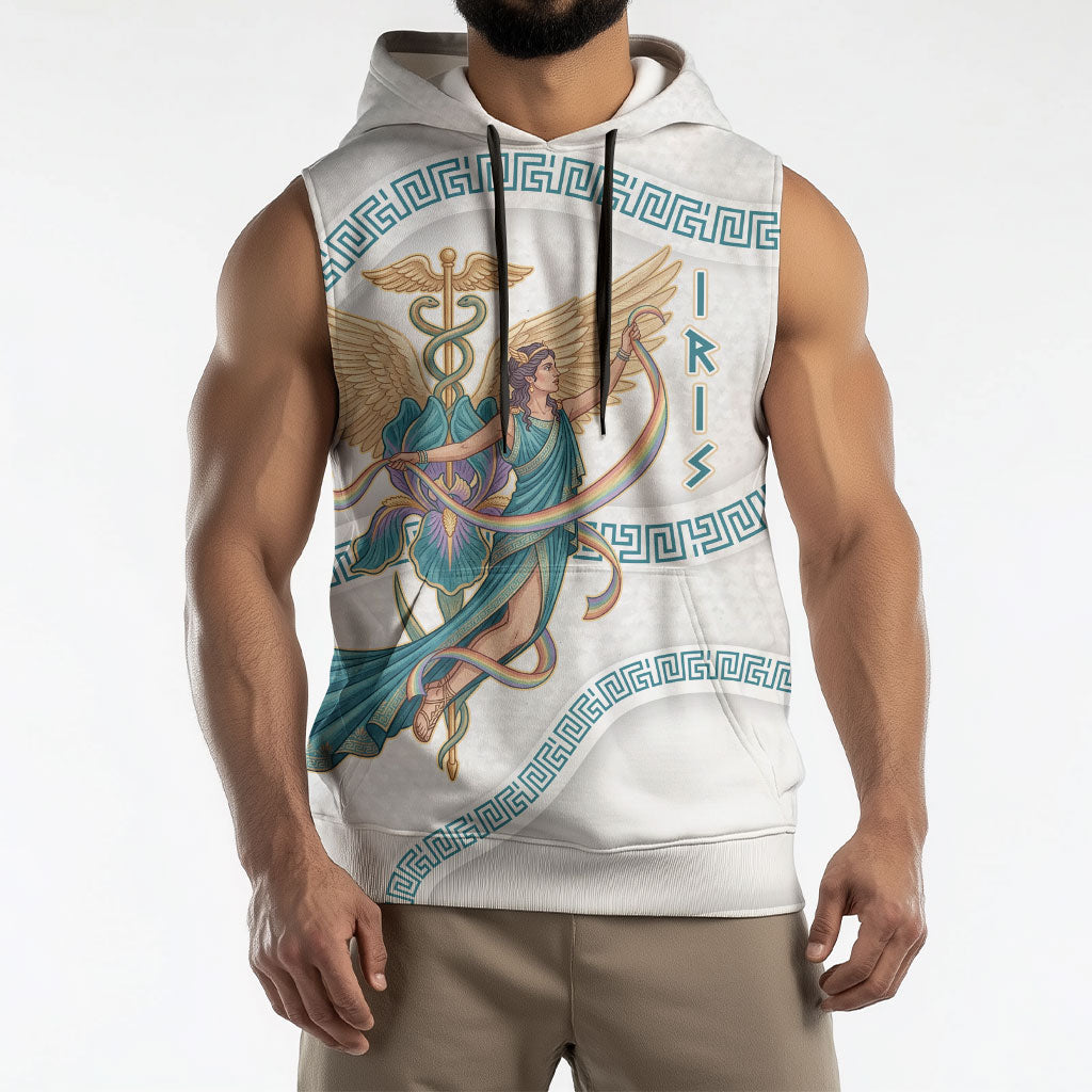Iris Goddess Sleeveless Hoodie Winged Iris Caduceus Staff Rainbow Ribbon Greek Key