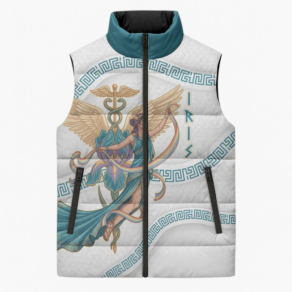 Iris Goddess Sleeveless Puffer Jacket Winged Iris Caduceus Staff Rainbow Ribbon Greek Key