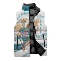 Iris Goddess Sleeveless Puffer Jacket Winged Iris Caduceus Staff Rainbow Ribbon Greek Key