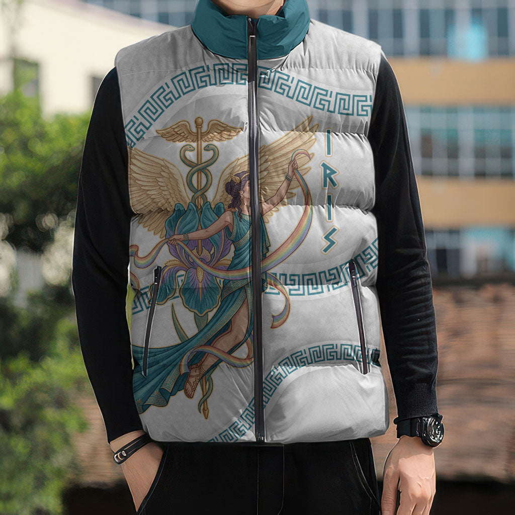 Iris Goddess Sleeveless Puffer Jacket Winged Iris Caduceus Staff Rainbow Ribbon Greek Key