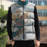 Iris Goddess Sleeveless Puffer Jacket Winged Iris Caduceus Staff Rainbow Ribbon Greek Key