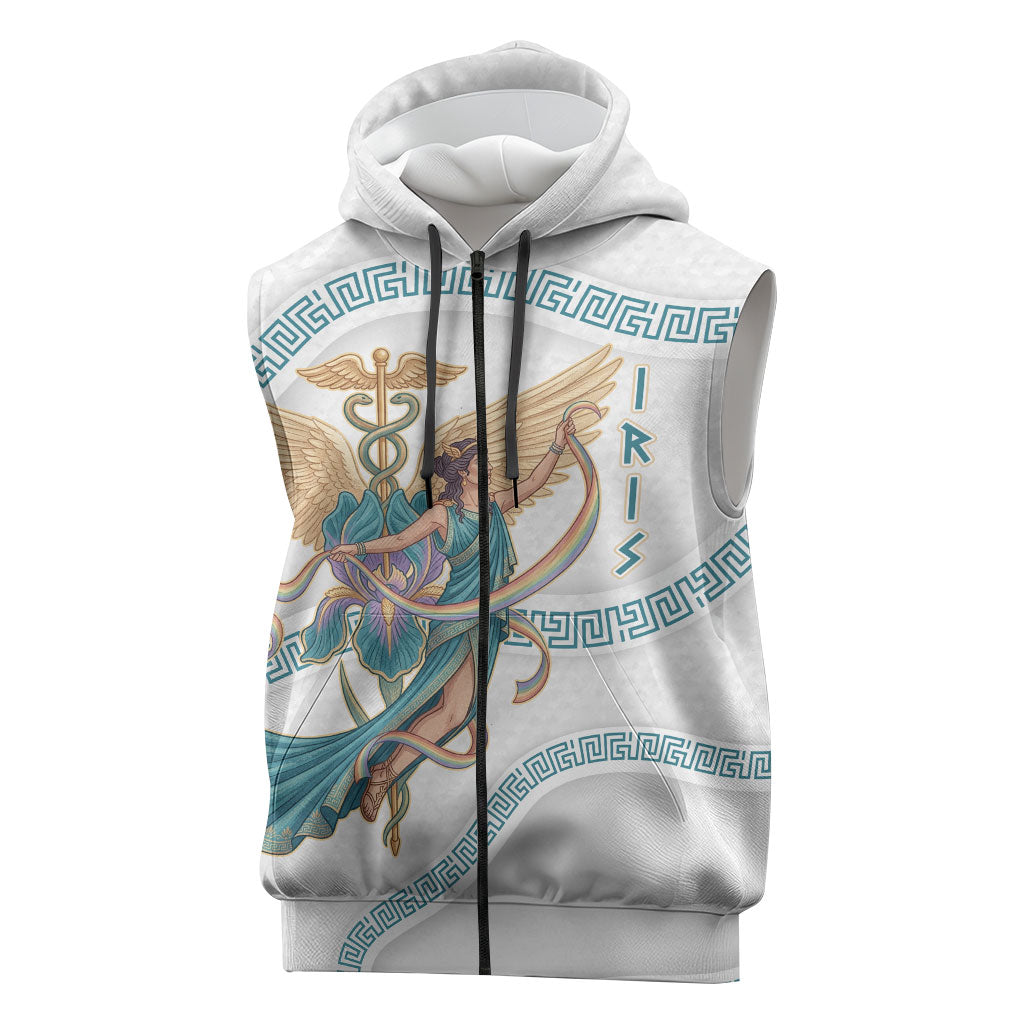 Iris Goddess Sleeveless Zip Hoodie Winged Iris Caduceus Staff Rainbow Ribbon Greek Key