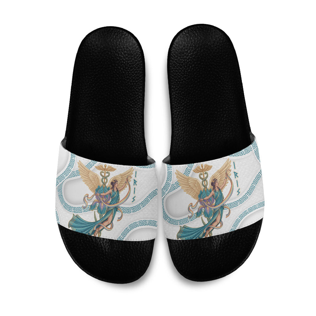 Iris Goddess Slide Sandals Winged Iris Caduceus Staff Rainbow Ribbon Greek Key