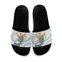 Iris Goddess Slide Sandals Winged Iris Caduceus Staff Rainbow Ribbon Greek Key