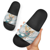 Iris Goddess Slide Sandals Winged Iris Caduceus Staff Rainbow Ribbon Greek Key