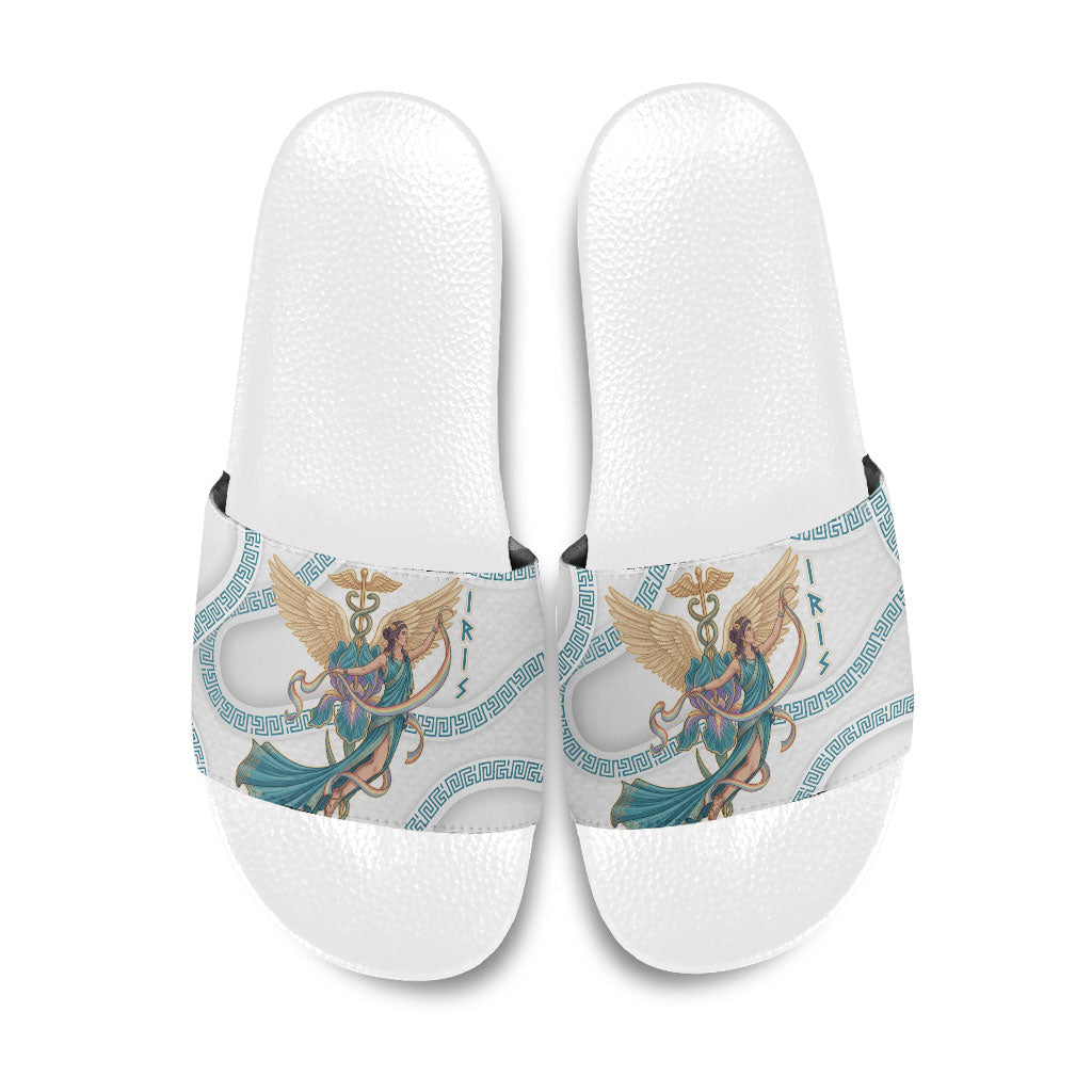 Iris Goddess Slide Sandals Winged Iris Caduceus Staff Rainbow Ribbon Greek Key