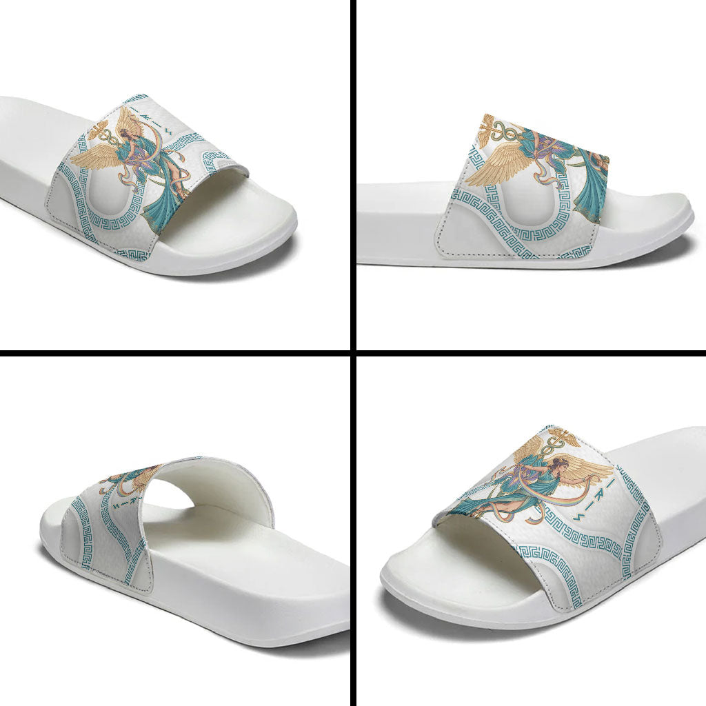 Iris Goddess Slide Sandals Winged Iris Caduceus Staff Rainbow Ribbon Greek Key