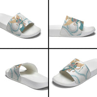 Iris Goddess Slide Sandals Winged Iris Caduceus Staff Rainbow Ribbon Greek Key