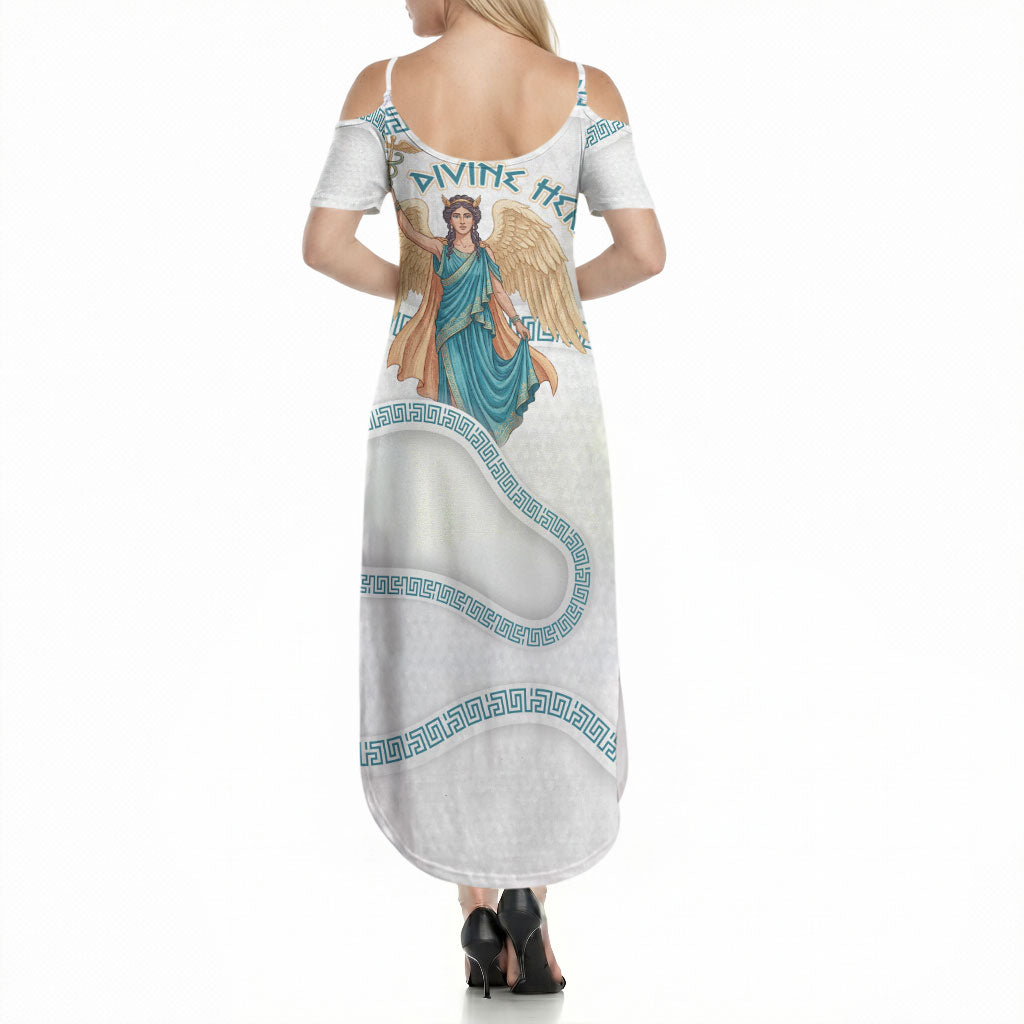 Iris Goddess Summer Maxi Dress Winged Iris Caduceus Staff Rainbow Ribbon Greek Key