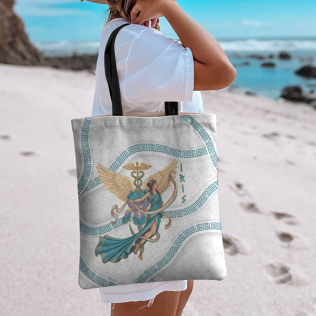 Iris Goddess Tote Bag Winged Iris Caduceus Staff Rainbow Ribbon Greek Key