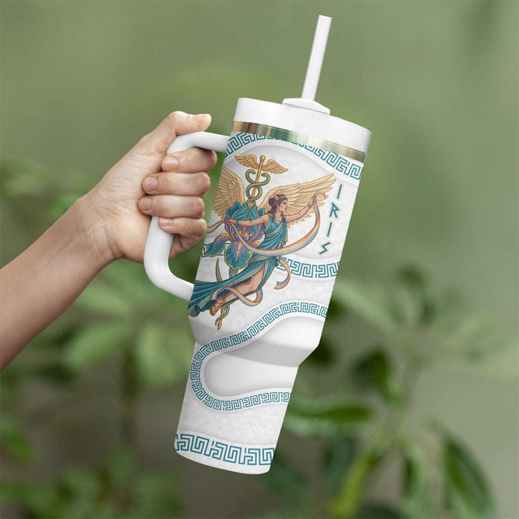 Iris Goddess Tumbler With Handle Winged Iris Caduceus Staff Rainbow Ribbon Greek Key