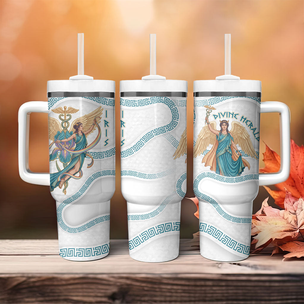 Iris Goddess Tumbler With Handle Winged Iris Caduceus Staff Rainbow Ribbon Greek Key