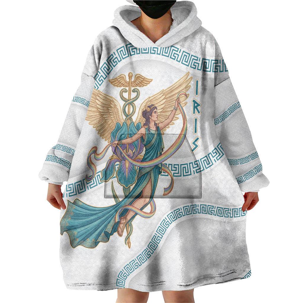 Iris Goddess Wearable Blanket Hoodie Winged Iris Caduceus Staff Rainbow Ribbon Greek Key