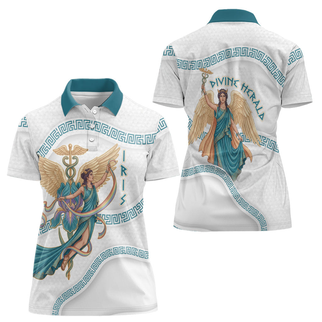 Iris Goddess Women Polo Shirt Winged Iris Caduceus Staff Rainbow Ribbon Greek Key