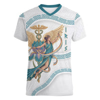 Iris Goddess Women V-Neck T-Shirt Winged Iris Caduceus Staff Rainbow Ribbon Greek Key