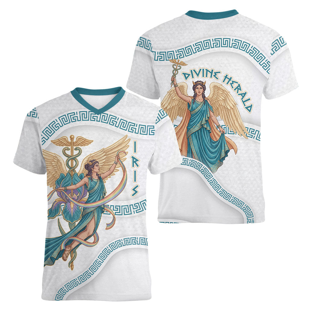 Iris Goddess Women V-Neck T-Shirt Winged Iris Caduceus Staff Rainbow Ribbon Greek Key