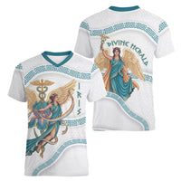 Iris Goddess Women V-Neck T-Shirt Winged Iris Caduceus Staff Rainbow Ribbon Greek Key