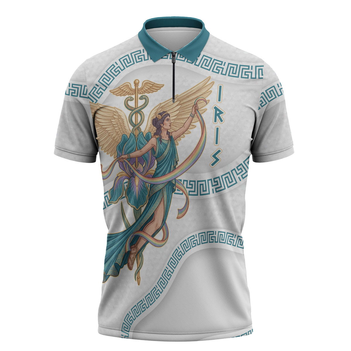Iris Goddess Zipper Polo Shirt Winged Iris Caduceus Staff Rainbow Ribbon Greek Key
