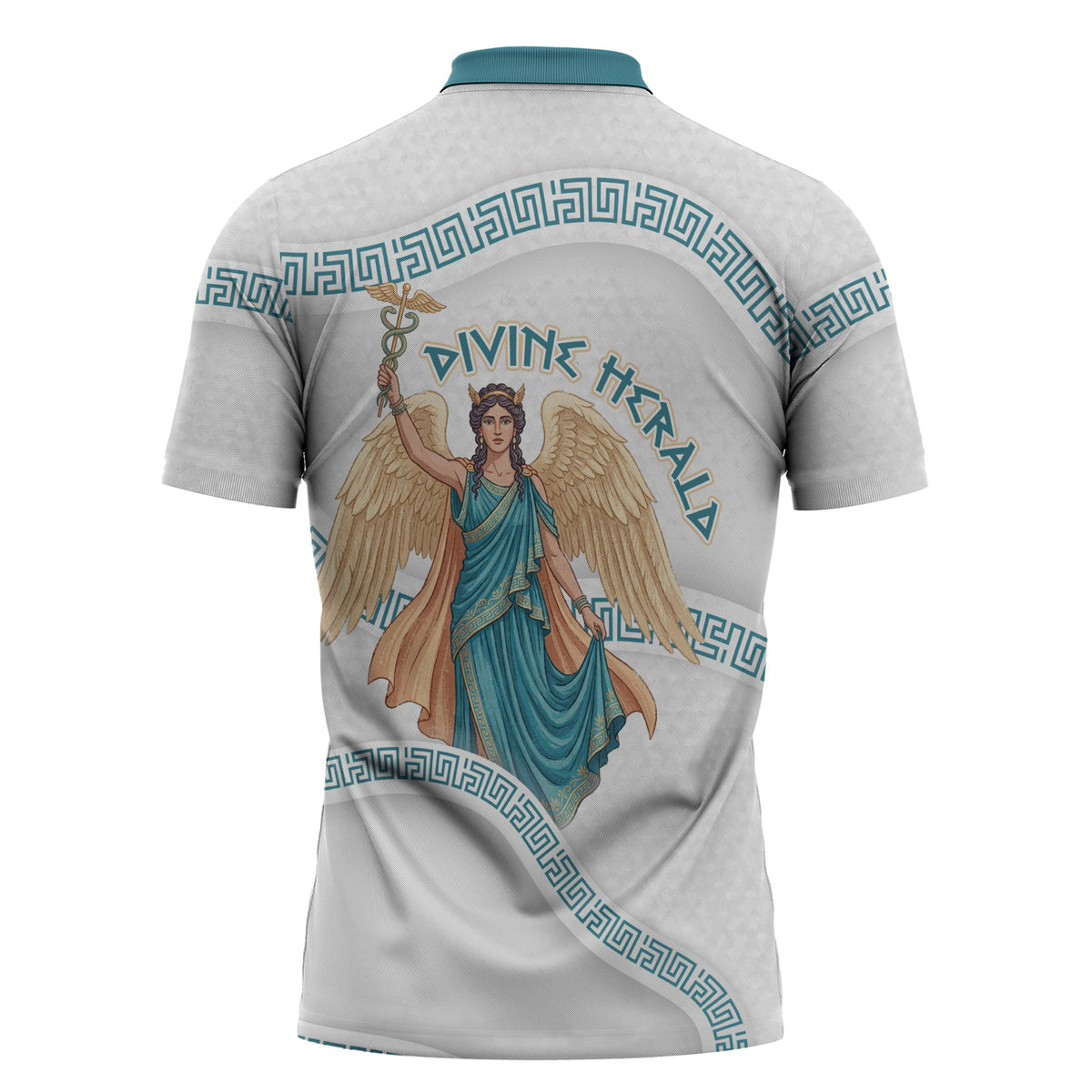 Iris Goddess Zipper Polo Shirt Winged Iris Caduceus Staff Rainbow Ribbon Greek Key