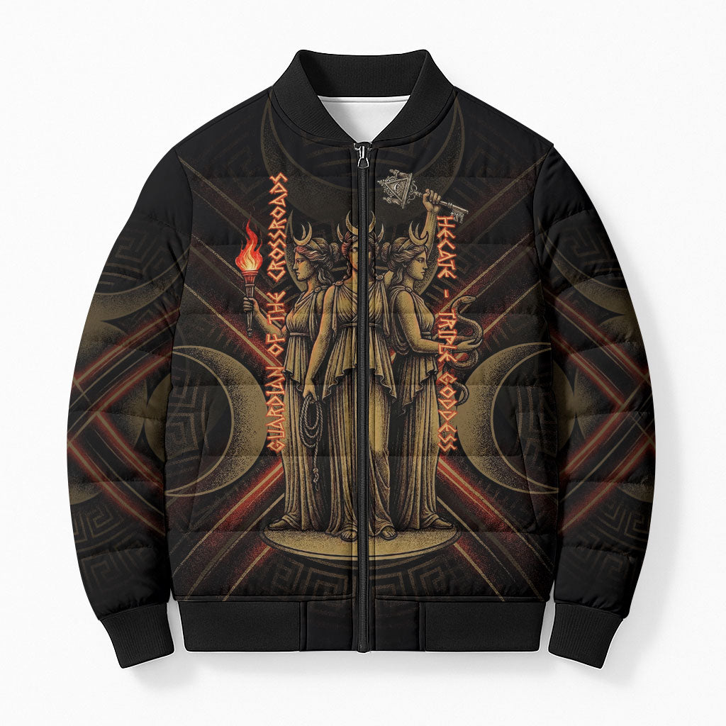 Hecate Triple Goddess Bomber Puffer Jacket Greek Hecate Flaming Torches Key Snake And Hounds