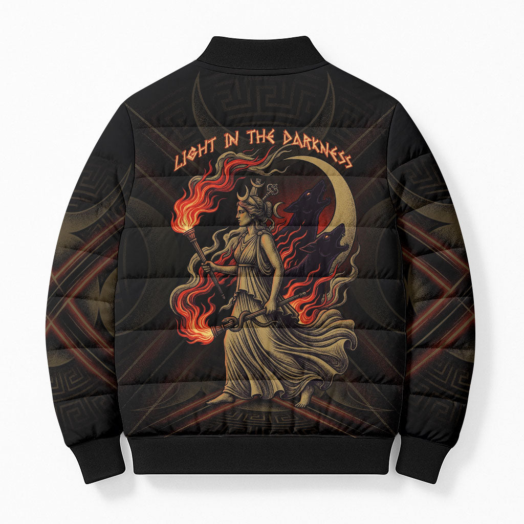 Hecate Triple Goddess Bomber Puffer Jacket Greek Hecate Flaming Torches Key Snake And Hounds