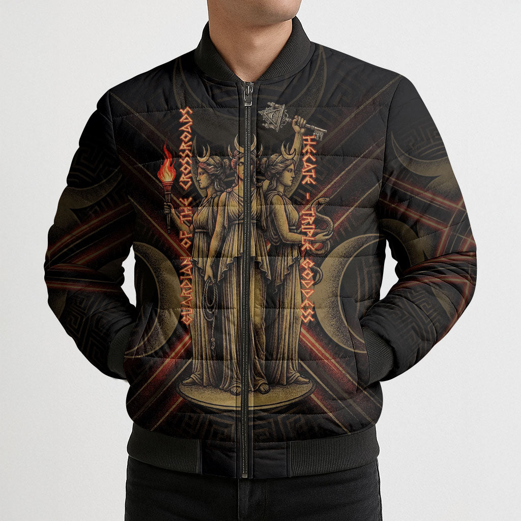 Hecate Triple Goddess Bomber Puffer Jacket Greek Hecate Flaming Torches Key Snake And Hounds
