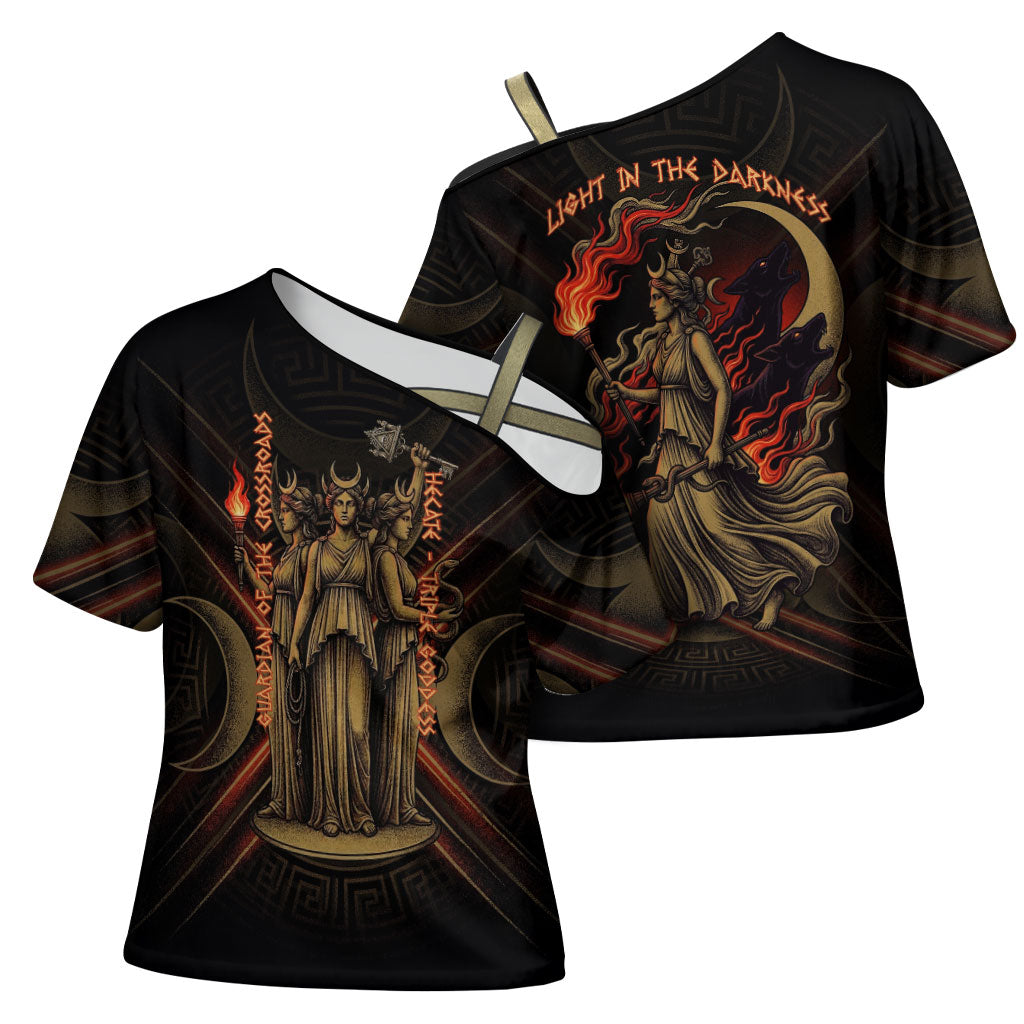 Hecate Triple Goddess Cross Shoulder Shirt Greek Hecate Flaming Torches Key Snake And Hounds