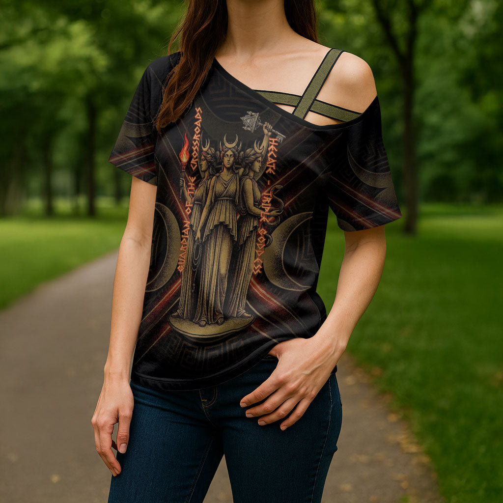 Hecate Triple Goddess Cross Shoulder Shirt Greek Hecate Flaming Torches Key Snake And Hounds