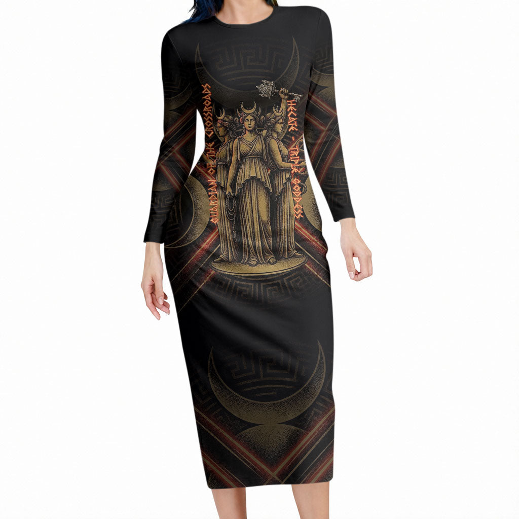 Hecate Triple Goddess Long Sleeve Bodycon Dress Greek Hecate Flaming Torches Key Snake And Hounds