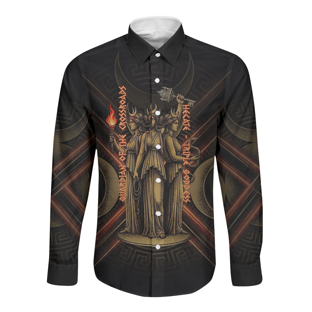 Hecate Triple Goddess Long Sleeve Button Shirt Greek Hecate Flaming Torches Key Snake And Hounds