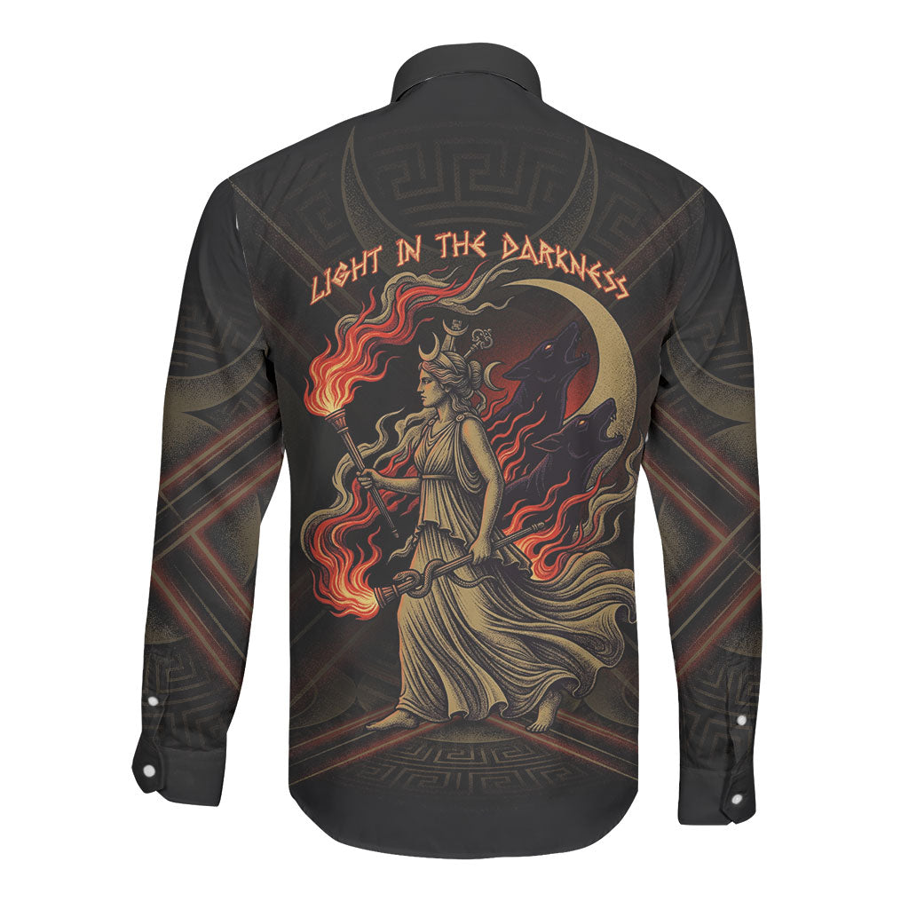 Hecate Triple Goddess Long Sleeve Button Shirt Greek Hecate Flaming Torches Key Snake And Hounds