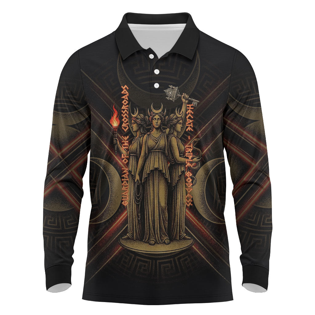 Hecate Triple Goddess Long Sleeve Polo Shirt Greek Hecate Flaming Torches Key Snake And Hounds