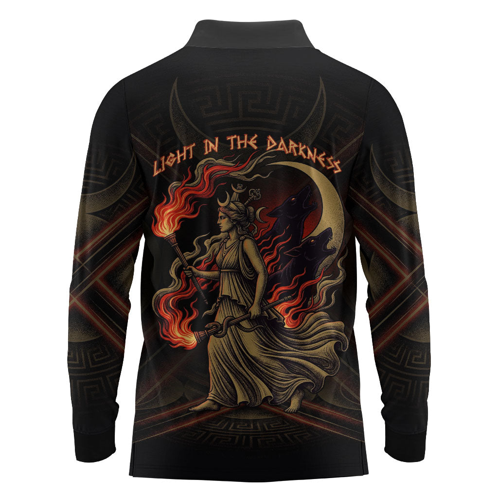 Hecate Triple Goddess Long Sleeve Polo Shirt Greek Hecate Flaming Torches Key Snake And Hounds