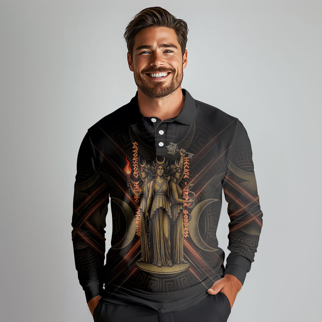 Hecate Triple Goddess Long Sleeve Polo Shirt Greek Hecate Flaming Torches Key Snake And Hounds