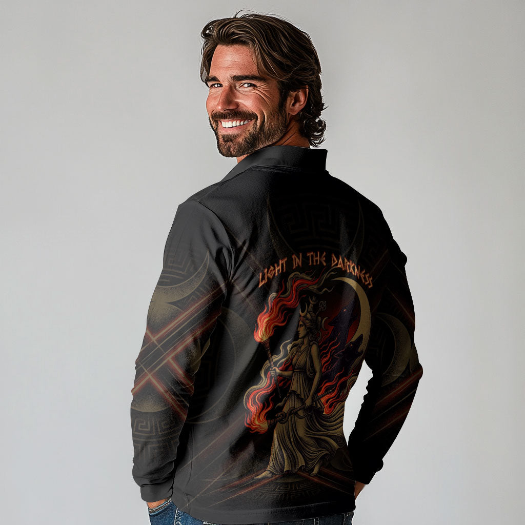 Hecate Triple Goddess Long Sleeve Polo Shirt Greek Hecate Flaming Torches Key Snake And Hounds