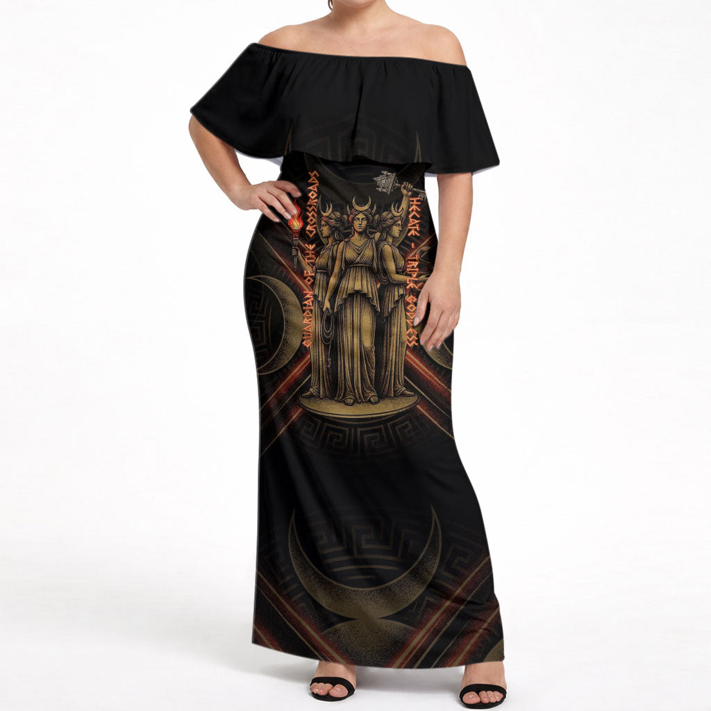 Hecate Triple Goddess Off Shoulder Maxi Dress Greek Hecate Flaming Torches Key Snake And Hounds