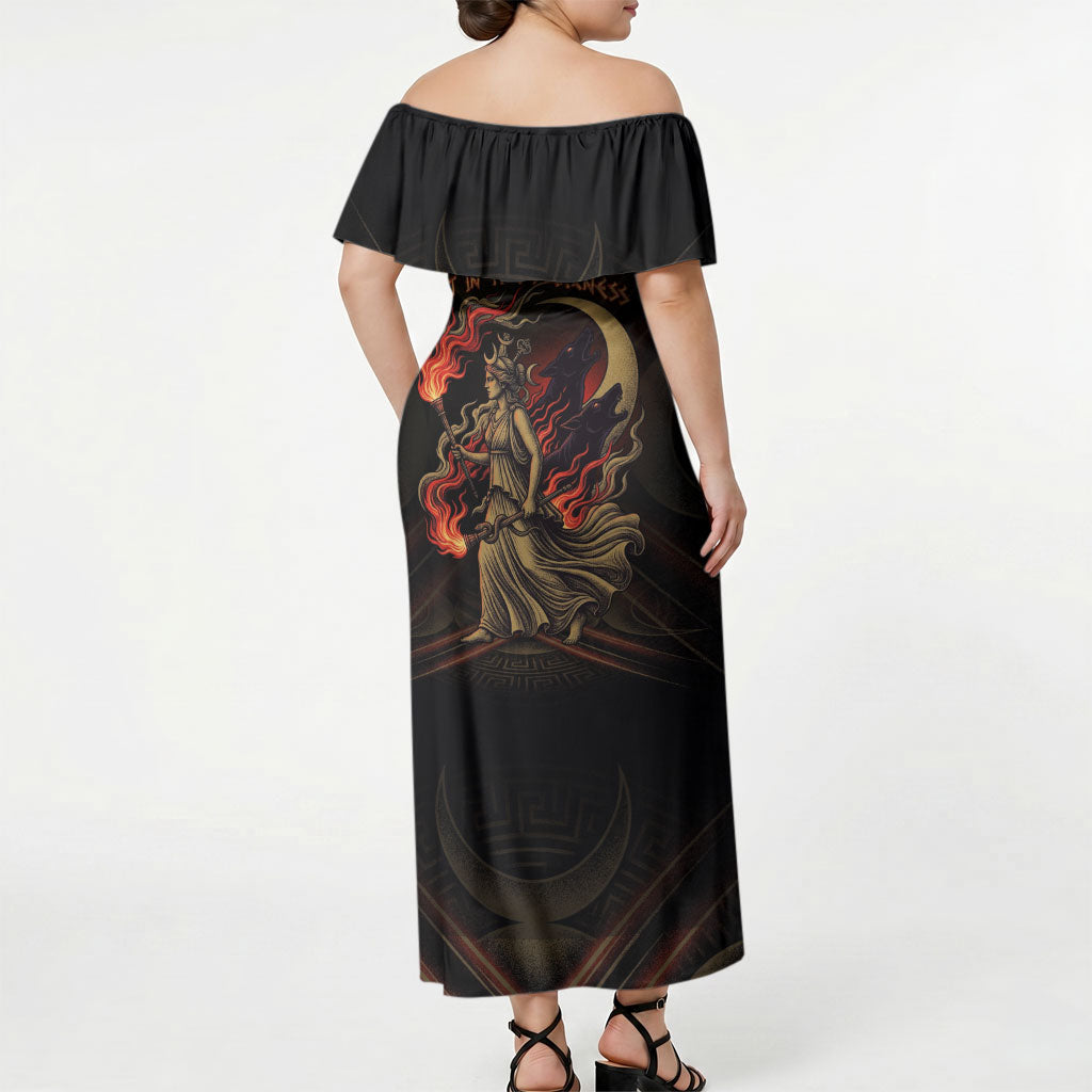 Hecate Triple Goddess Off Shoulder Maxi Dress Greek Hecate Flaming Torches Key Snake And Hounds