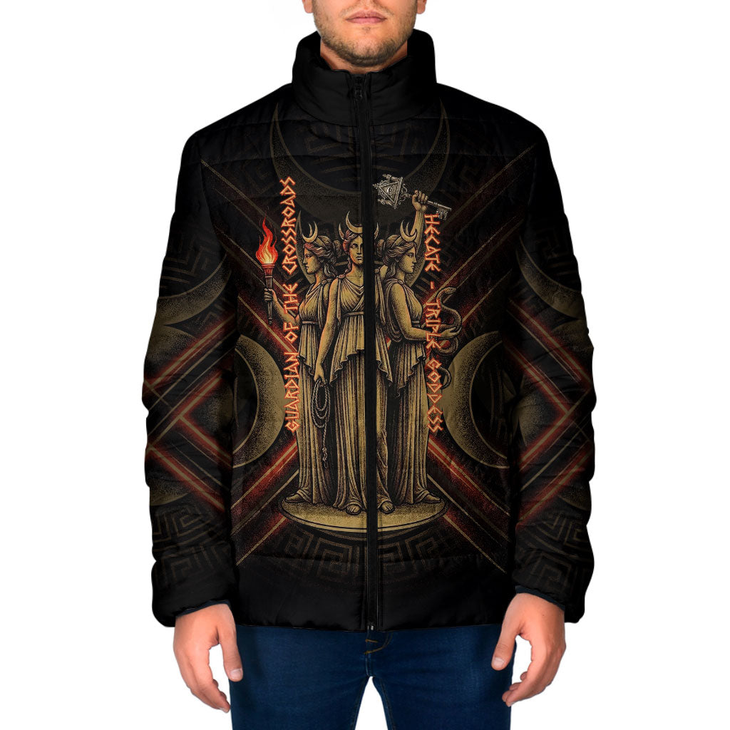 Hecate Triple Goddess Padded Jacket Greek Hecate Flaming Torches Key Snake And Hounds