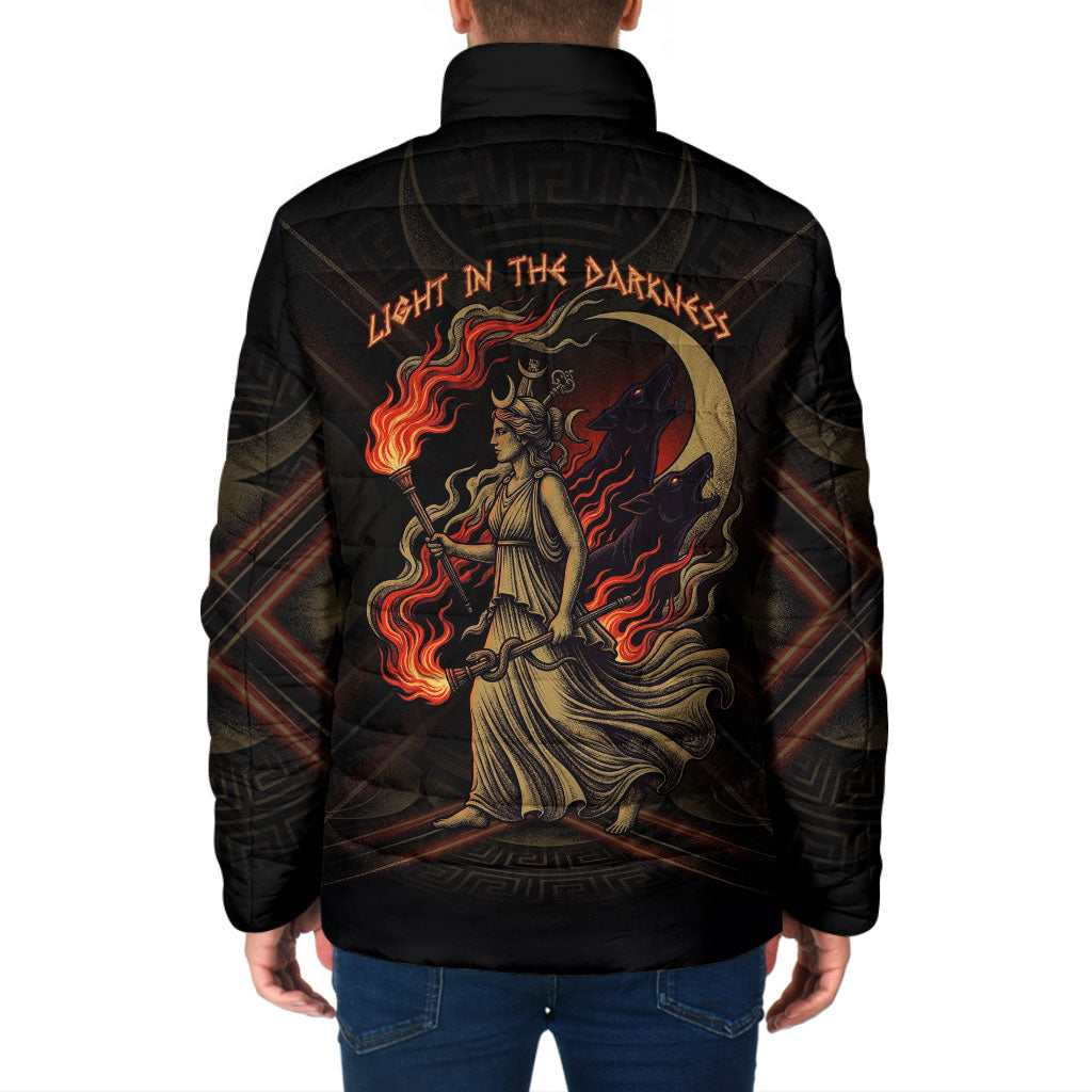 Hecate Triple Goddess Padded Jacket Greek Hecate Flaming Torches Key Snake And Hounds