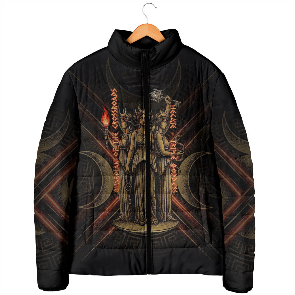 Hecate Triple Goddess Padded Jacket Greek Hecate Flaming Torches Key Snake And Hounds