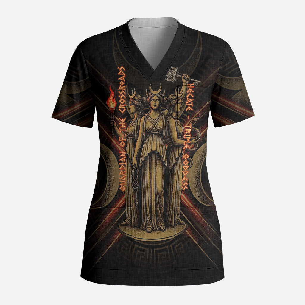 Hecate Triple Goddess Scrub Top Greek Hecate Flaming Torches Key Snake And Hounds