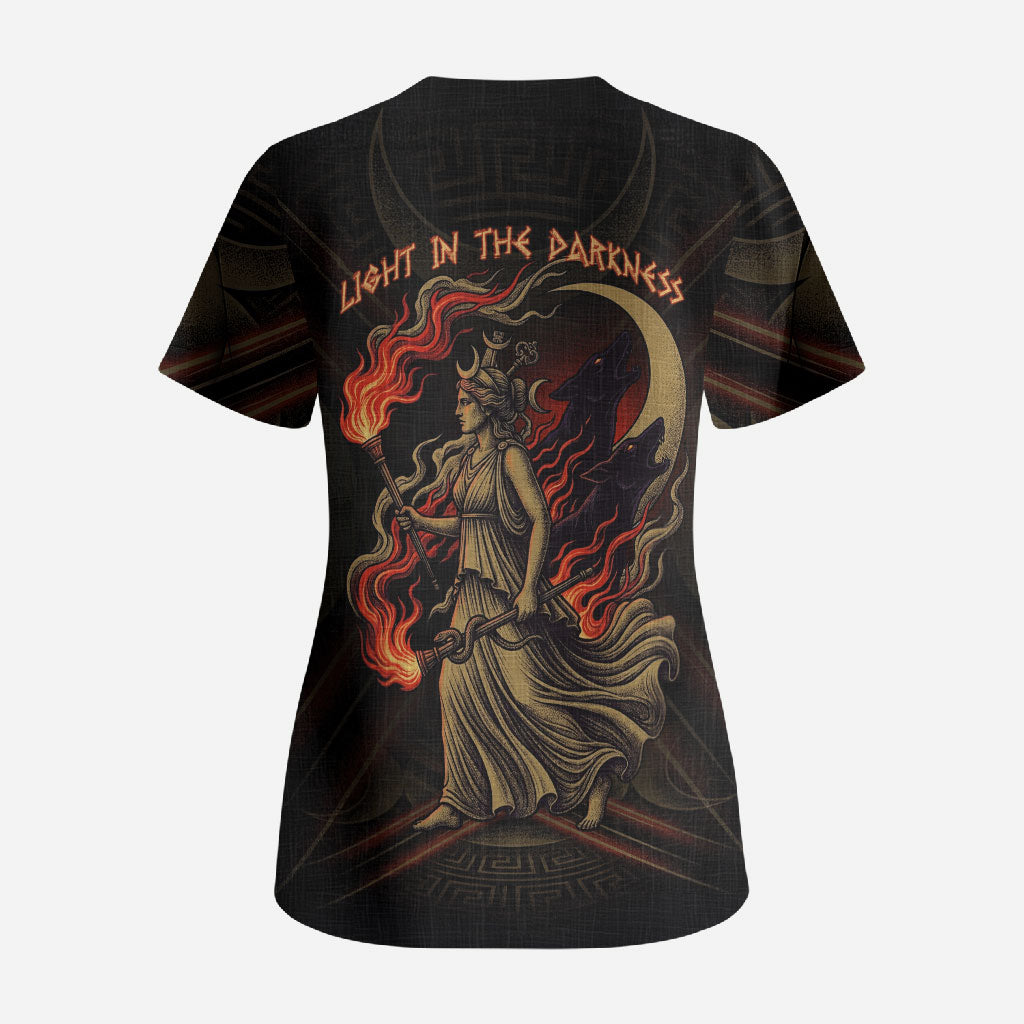 Hecate Triple Goddess Scrub Top Greek Hecate Flaming Torches Key Snake And Hounds