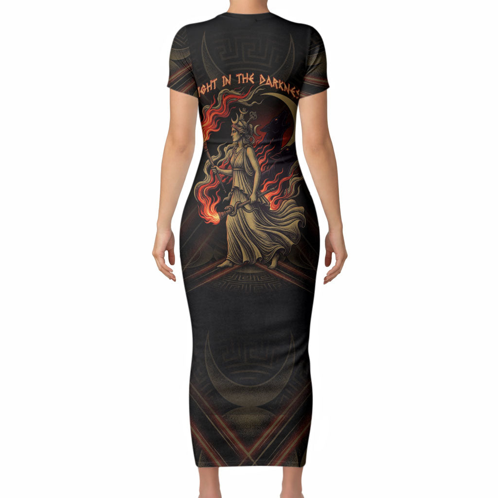 Hecate Triple Goddess Short Sleeve Bodycon Dress Greek Hecate Flaming Torches Key Snake And Hounds