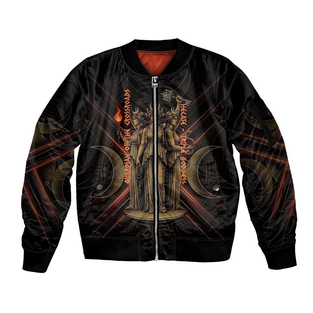 Hecate Triple Goddess Sleeve Zip Bomber Jacket Greek Hecate Flaming Torches Key Snake And Hounds